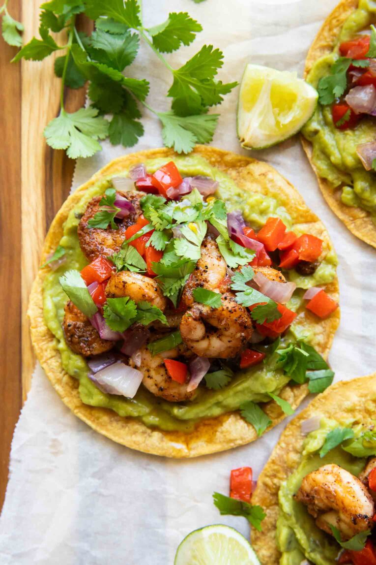 Top close up of Shrimp Guacamole Tostadas.