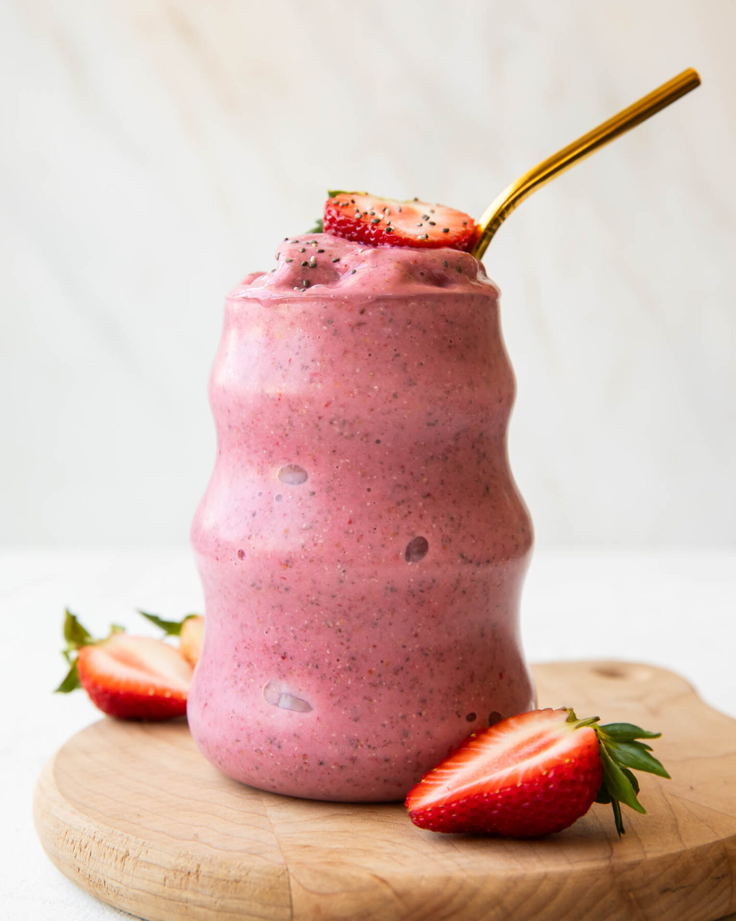 Strawberry Banana Smoothie in a glass.