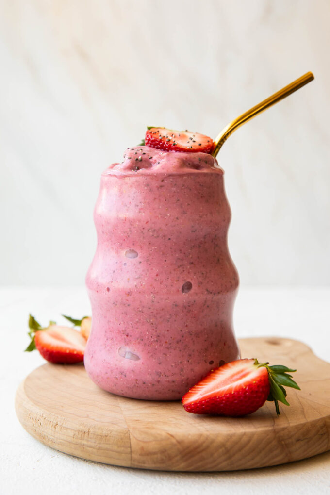 Strawberry Banana Smoothie in a glass.