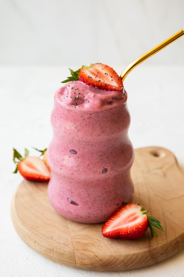 Angled photo of Strawberry Banana Smoothie.