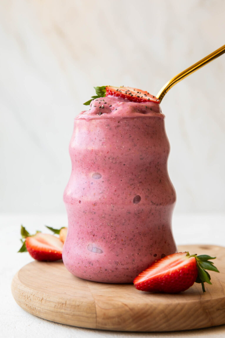 Close up of thick Strawberry Banana Smoothie.