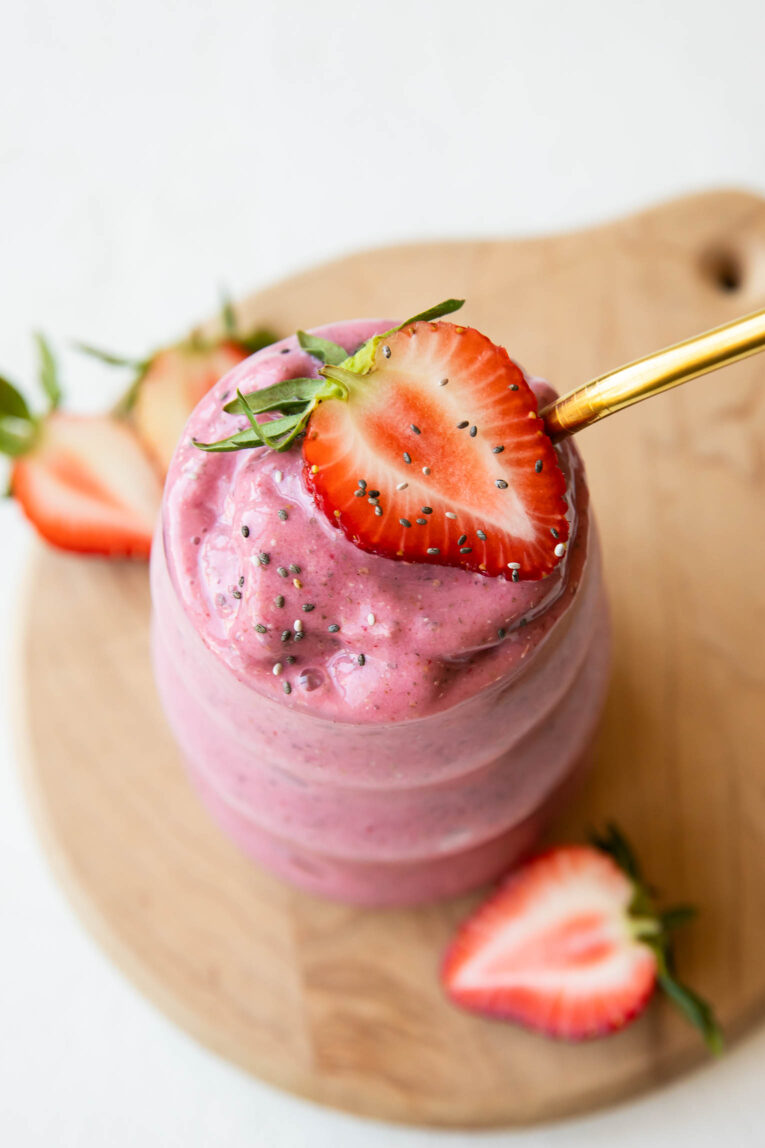 Top shot photo of Strawberry Banana Smoothie.