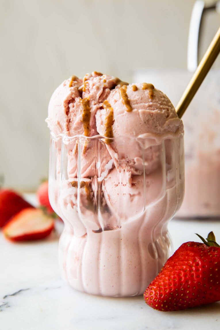 Close up of Strawberry Cottage Cheese Ice Cream in a glass.