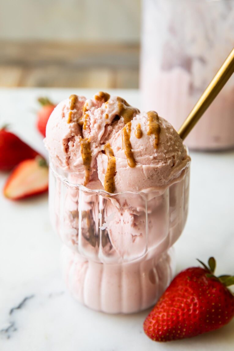 Angled photo of Strawberry Cottage Cheese Ice Cream.