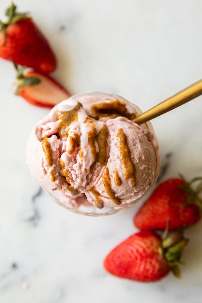 Top photo of creamy Strawberry Cottage Cheese Ice Cream.