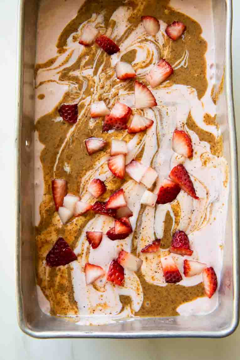 Strawberry Cottage Cheese Ice Cream batter in a loaf pan.