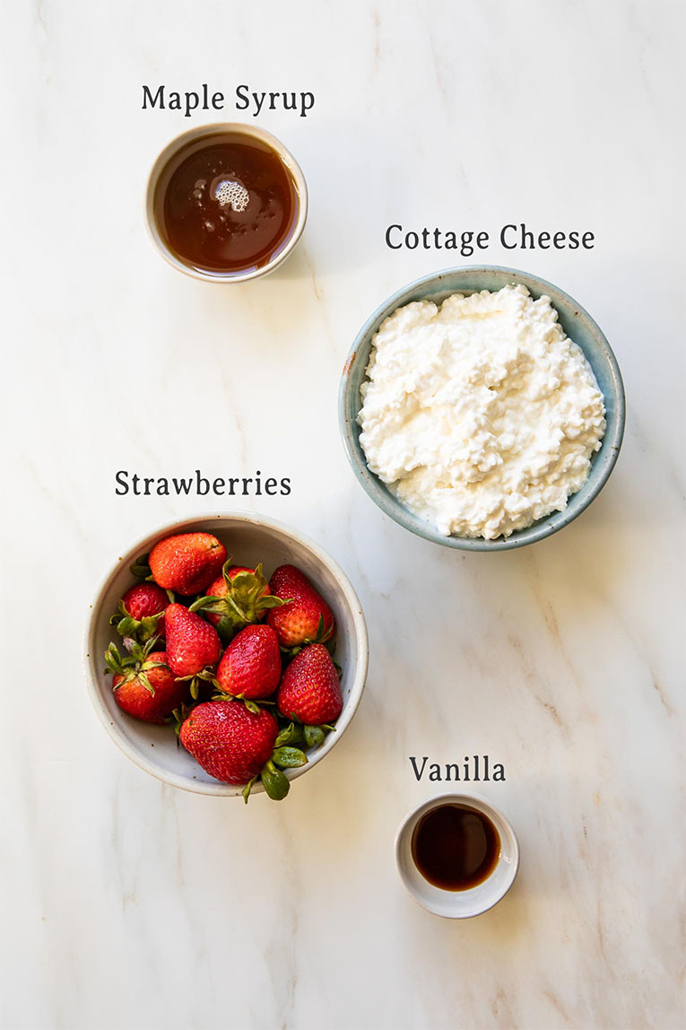 Ingredients for Strawberry Cottage Cheese Ice Cream recipe.