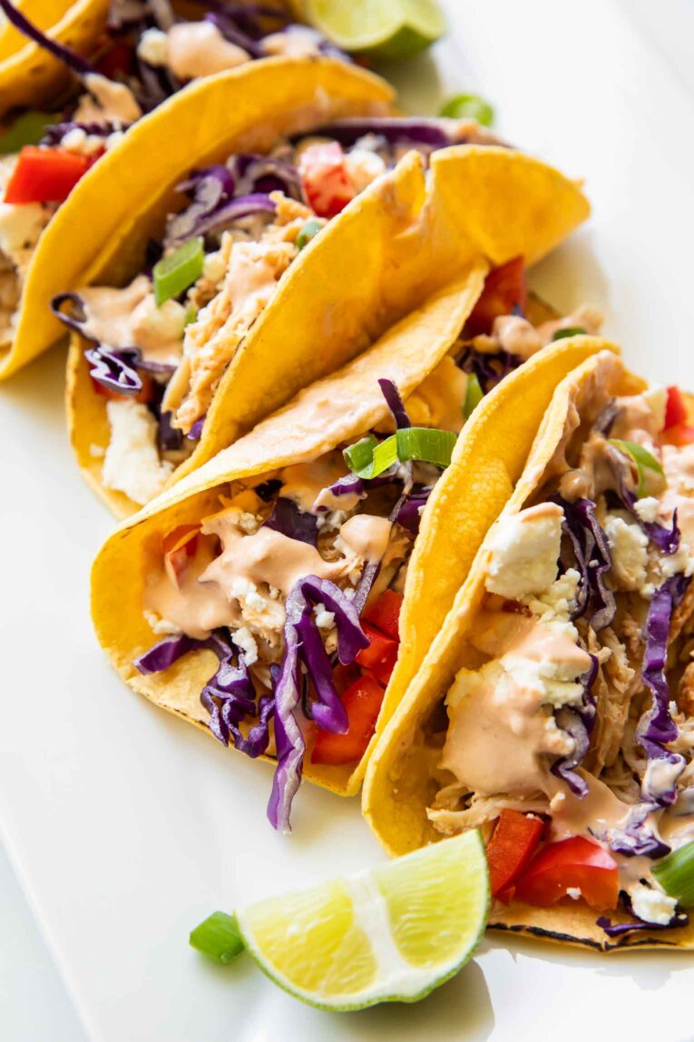 Angled close up of healthy chicken tacos.
