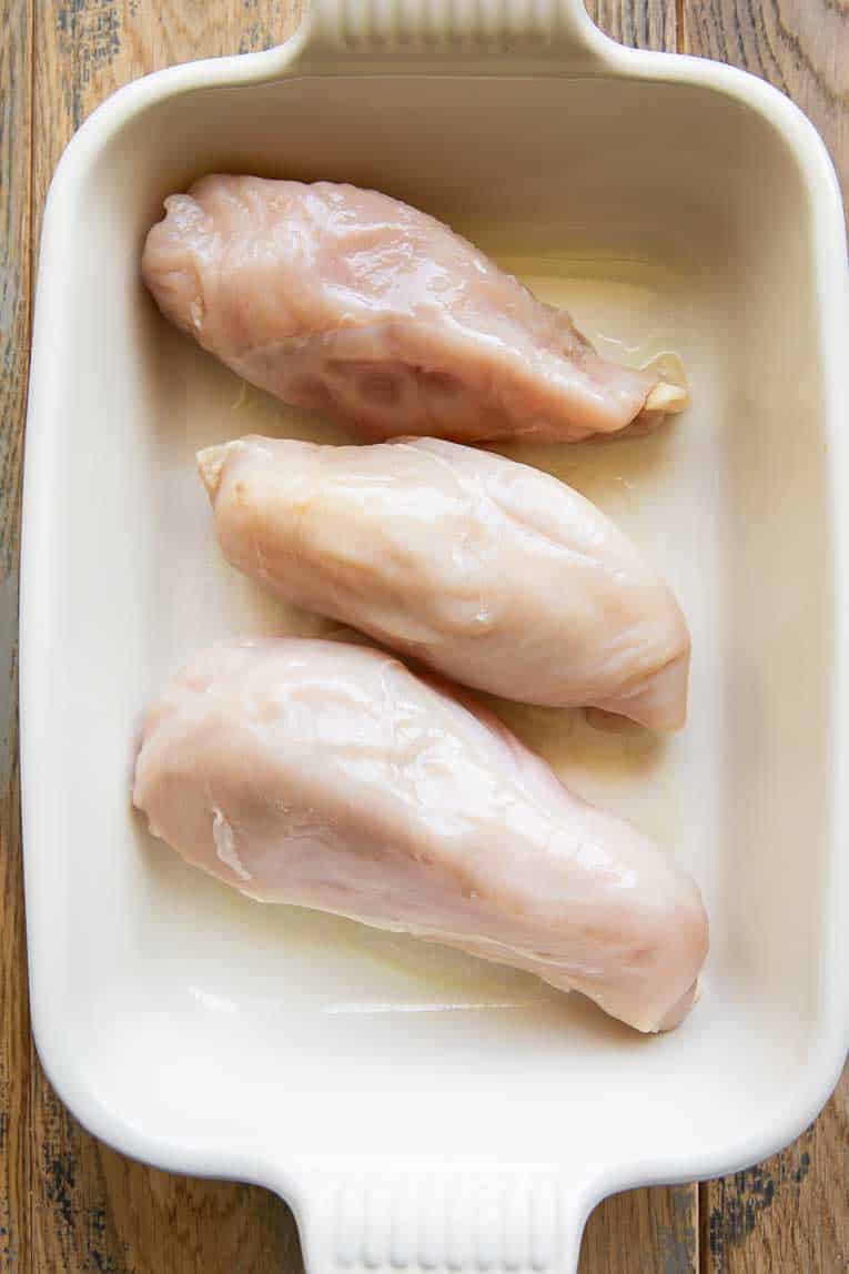 Chicken in a baking dish.
