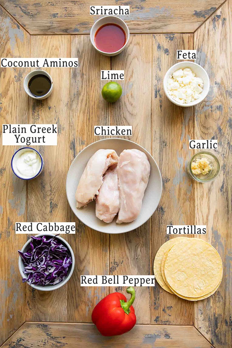 Ingredients for Healthy Sriracha Shredded Chicken Tacos recipe.
