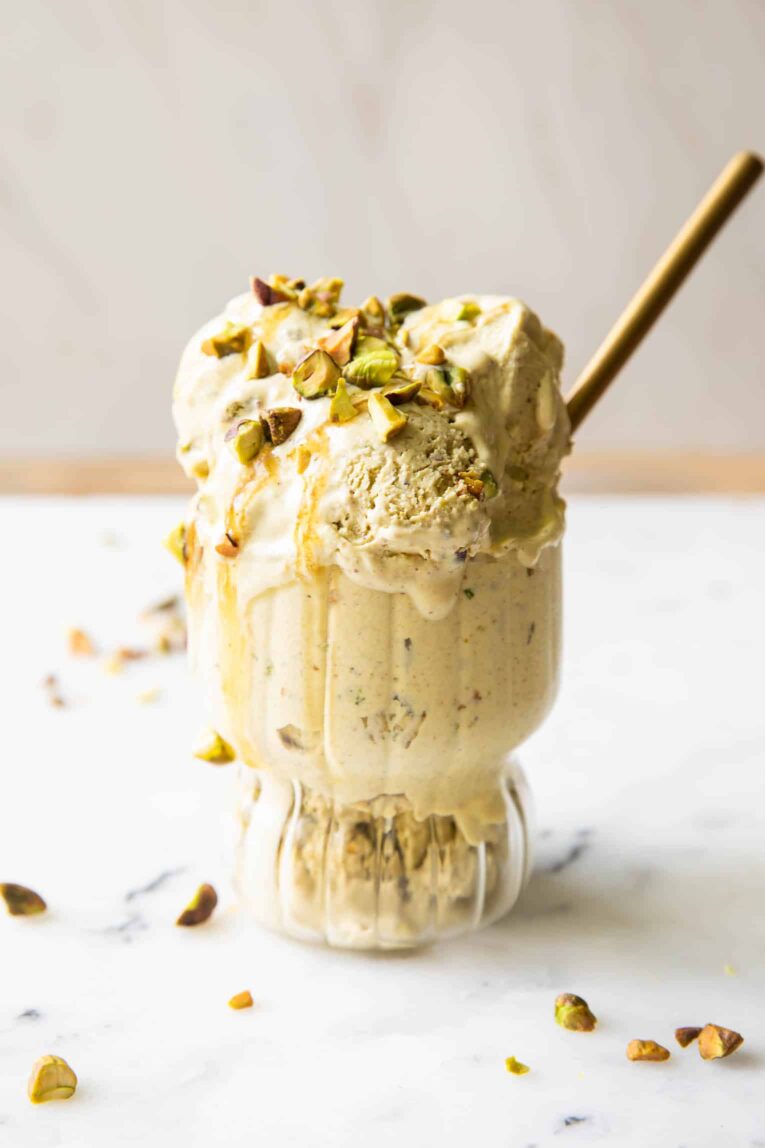 Angled photo of Pistachio Cottage Cheese Ice Cream.