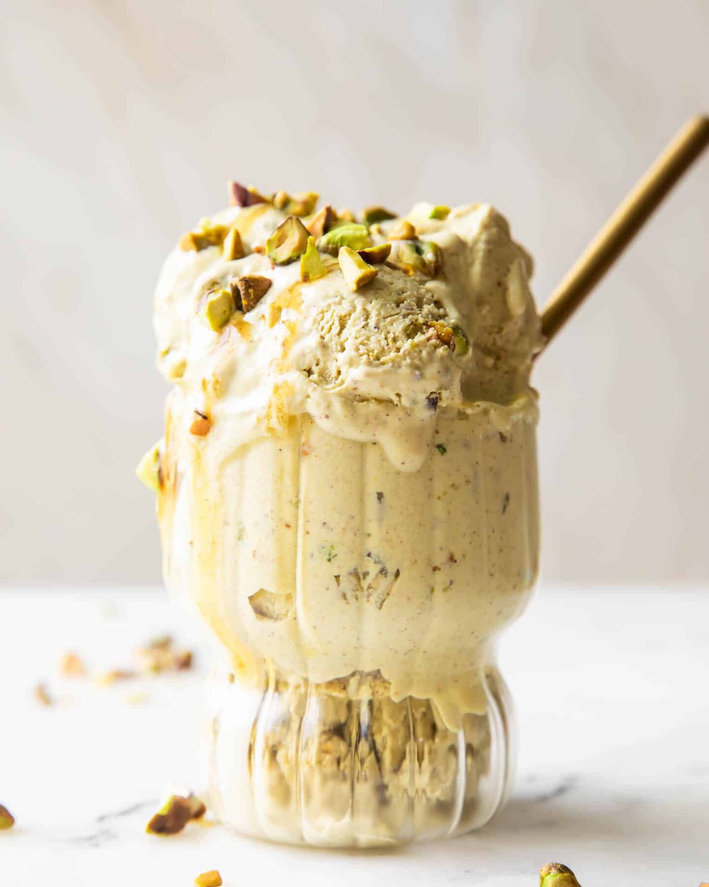 Pistachio Cottage Cheese Ice Cream in a parfait glass.