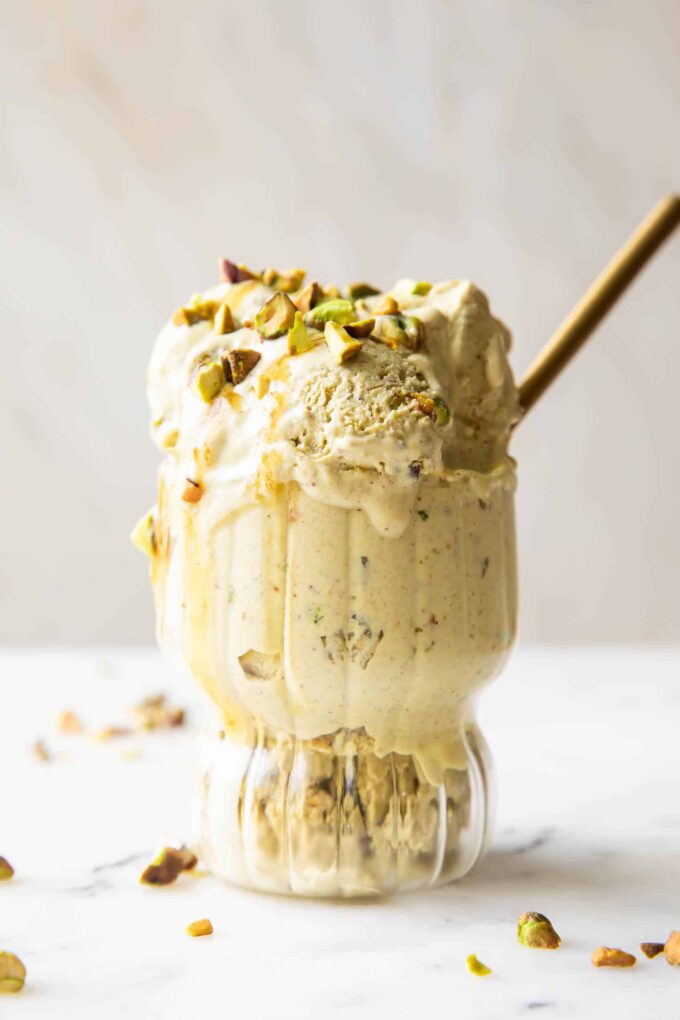 Pistachio Cottage Cheese Ice Cream in a parfait glass.