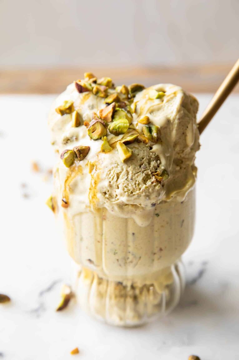 Angled photo of Pistachio Cottage Cheese Ice Cream.