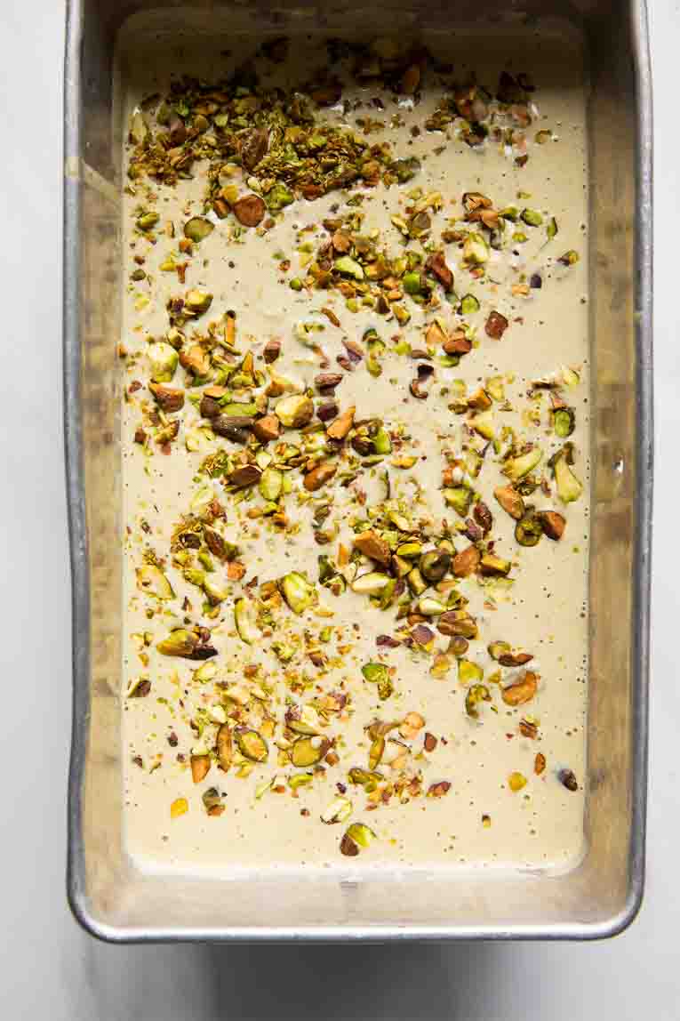Pistachio Cottage Cheese Ice Cream batter in a loaf pan.