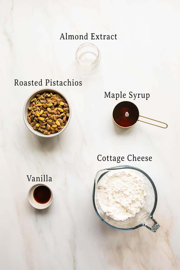 Ingredients in Pistachio Cottage Cheese Ice Cream recipe.