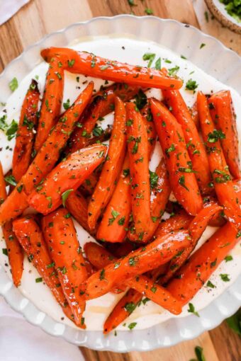 Easy Roasted Carrots over whipped cottage cheese.