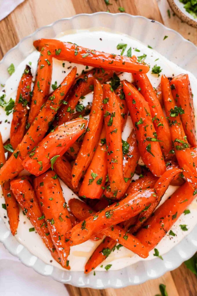 Easy Roasted Carrots over whipped cottage cheese.