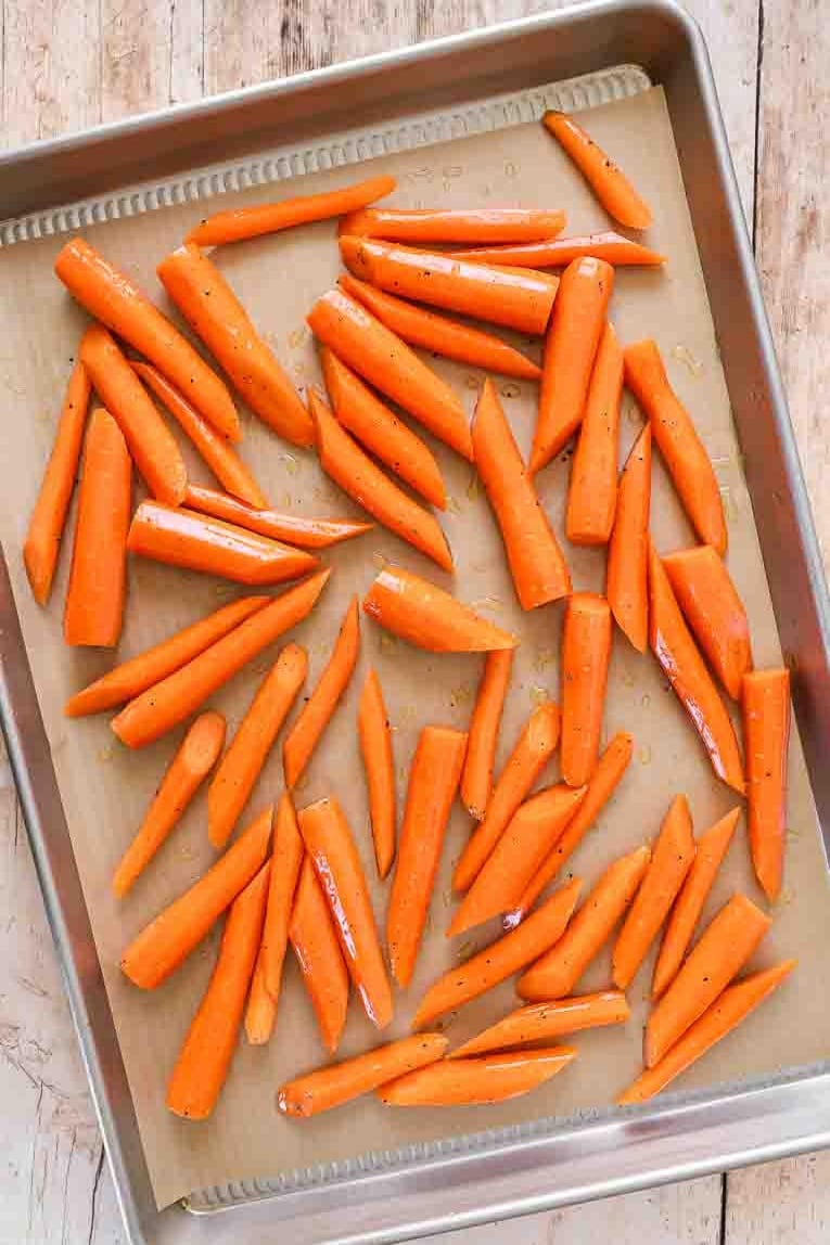 Carrots on a baking sheet.