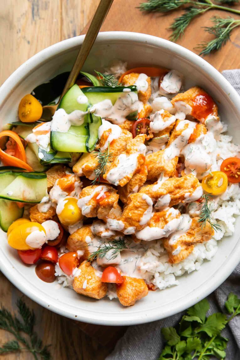 Top photo of Sriracha Ranch Chicken Bowls.