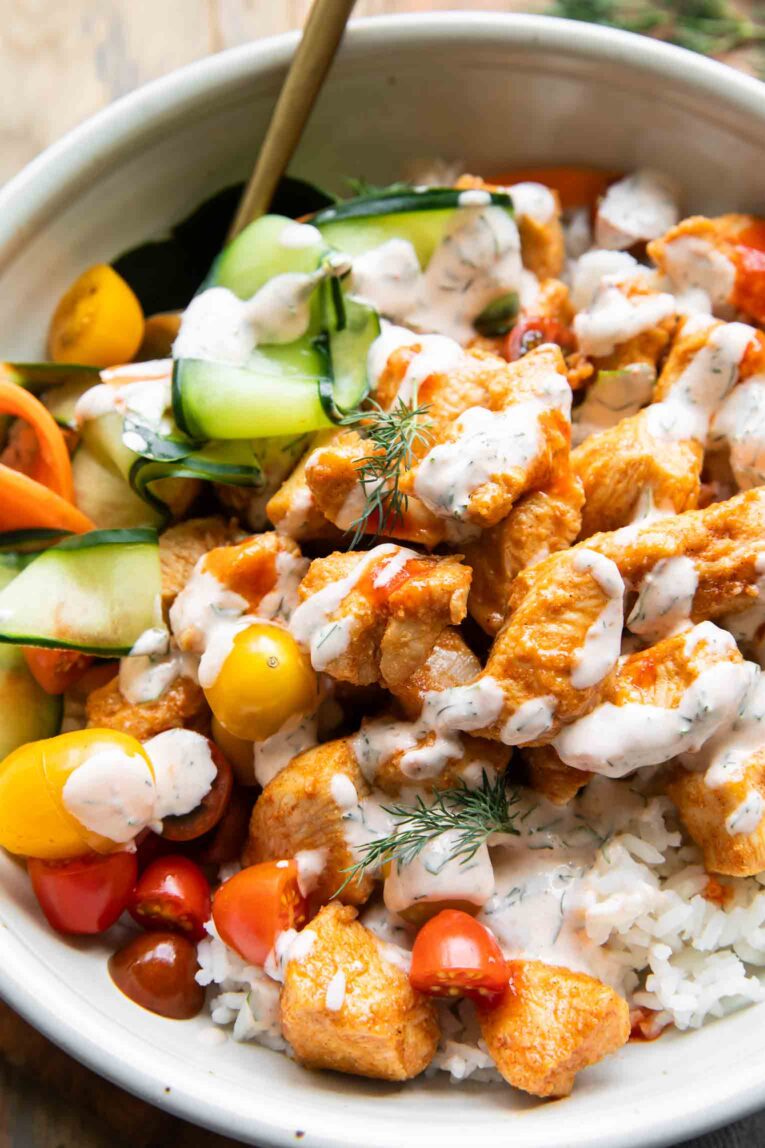 Close up of Sriracha Ranch Chicken Bowl recipe.