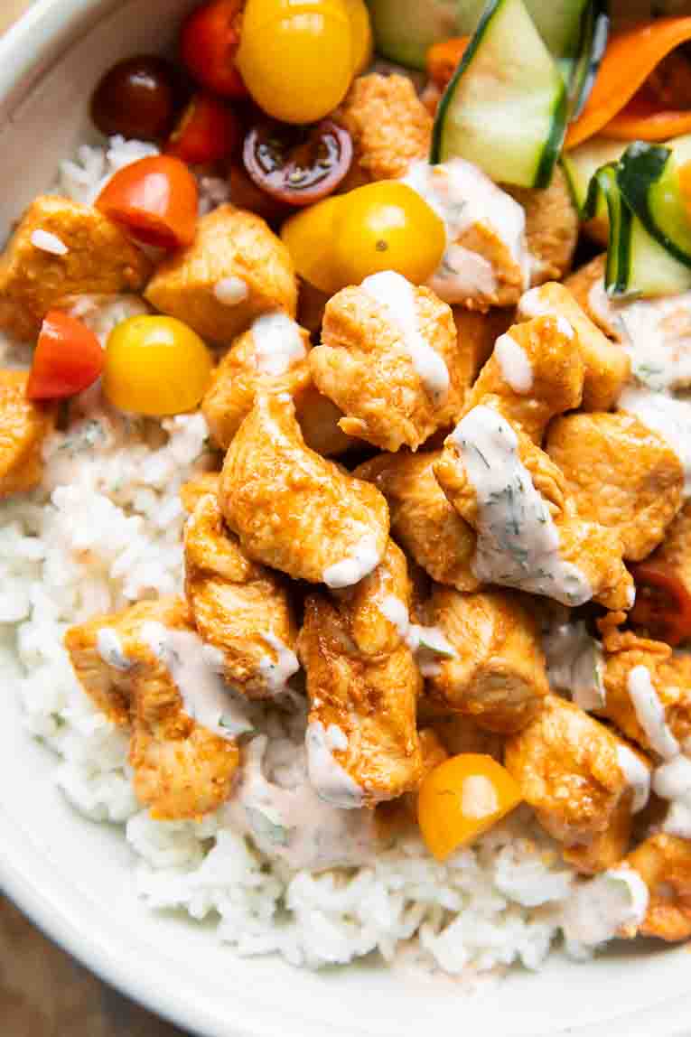 Close up of Sriracha Ranch Chicken Bowls recipe.