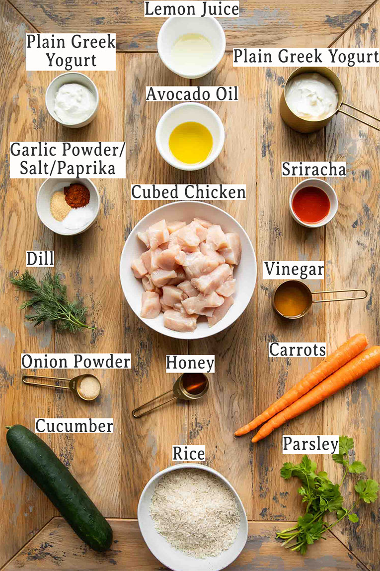 Ingredients in sriracha ranch chicken recipe bowls.