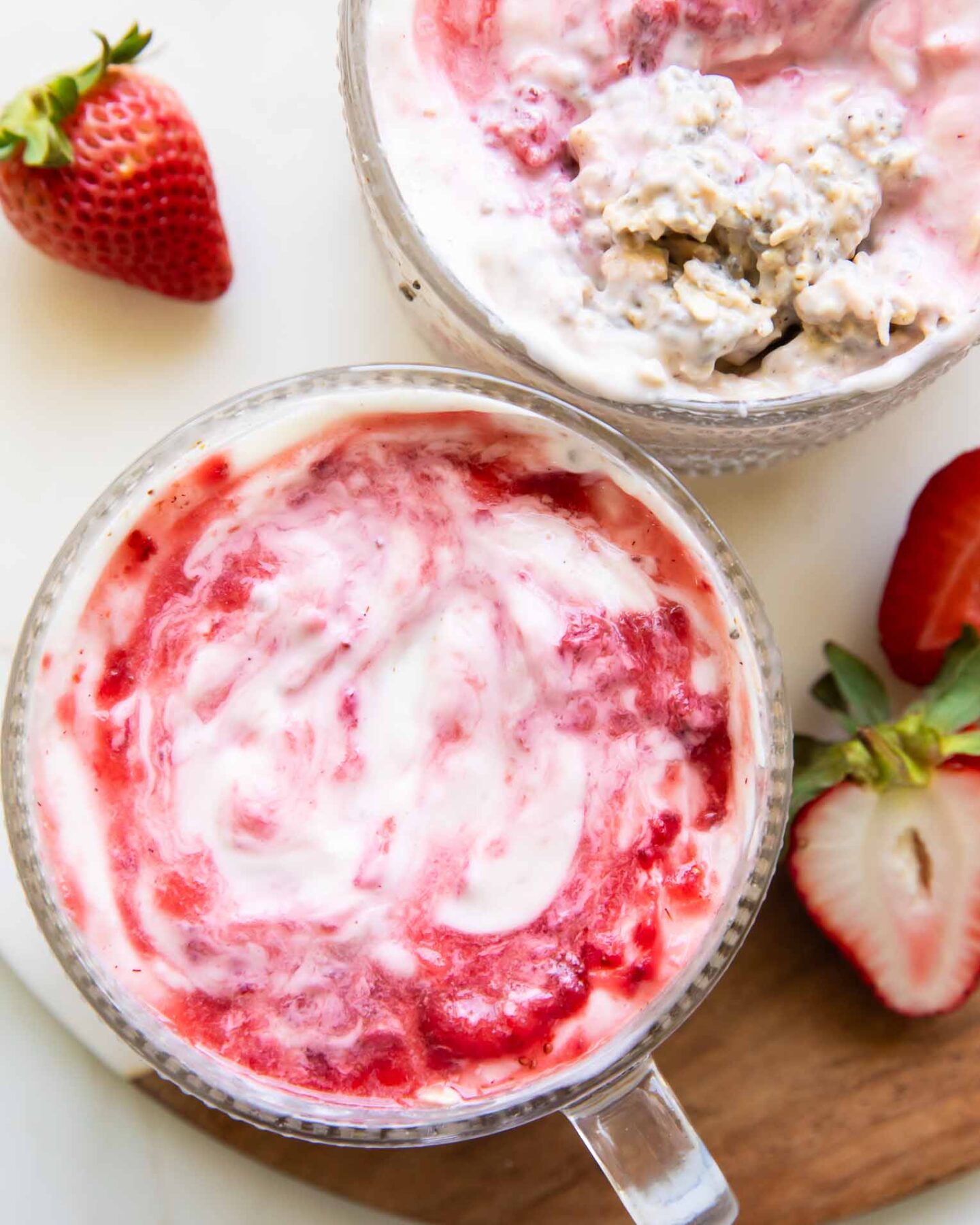 Close up of Strawberries & Cream Overnight Oats recipe.