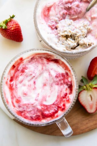 Close up of Strawberries & Cream Overnight Oats recipe.