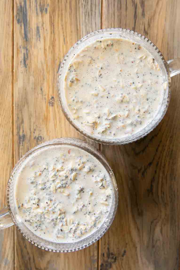 Cream overnight oats in jars.
