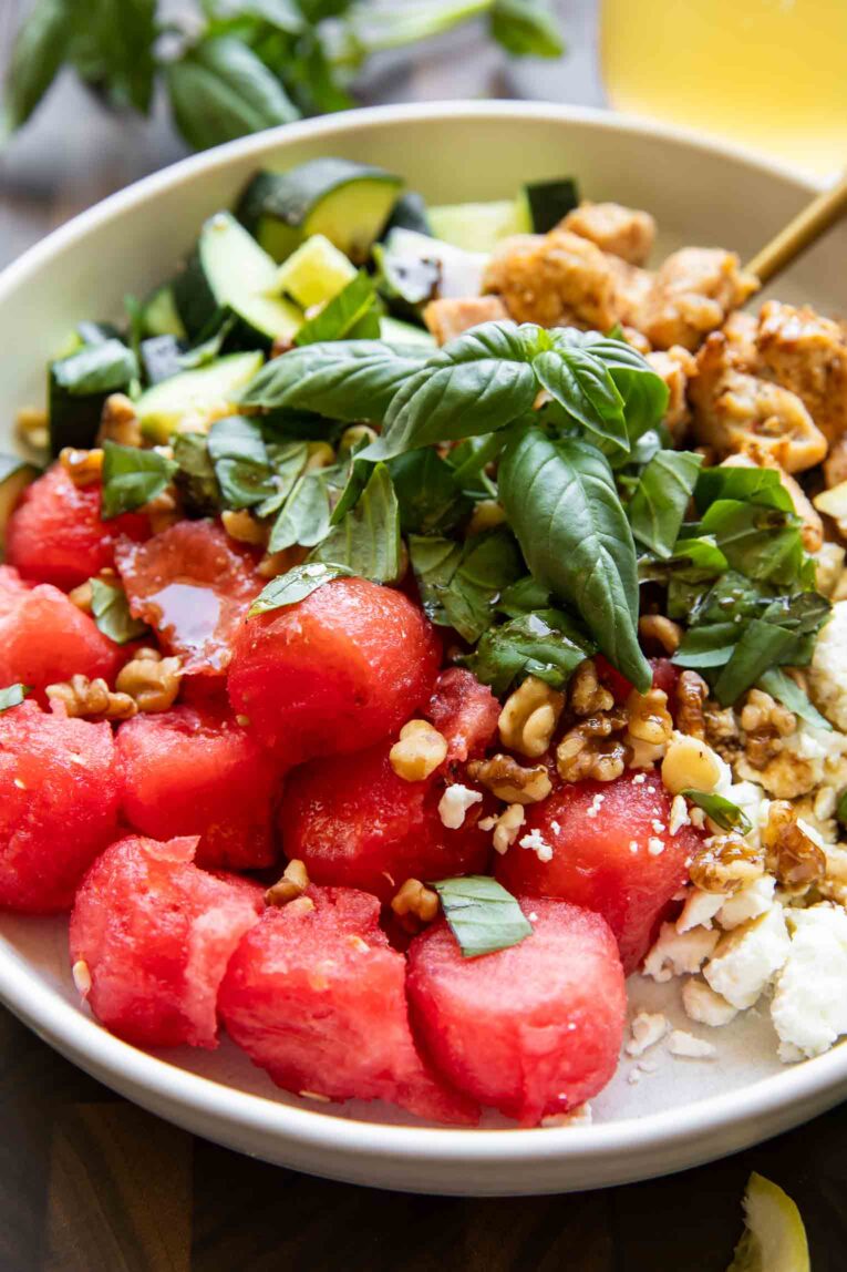 Angled photo of Watermelon Feta Chicken Salad recipe.