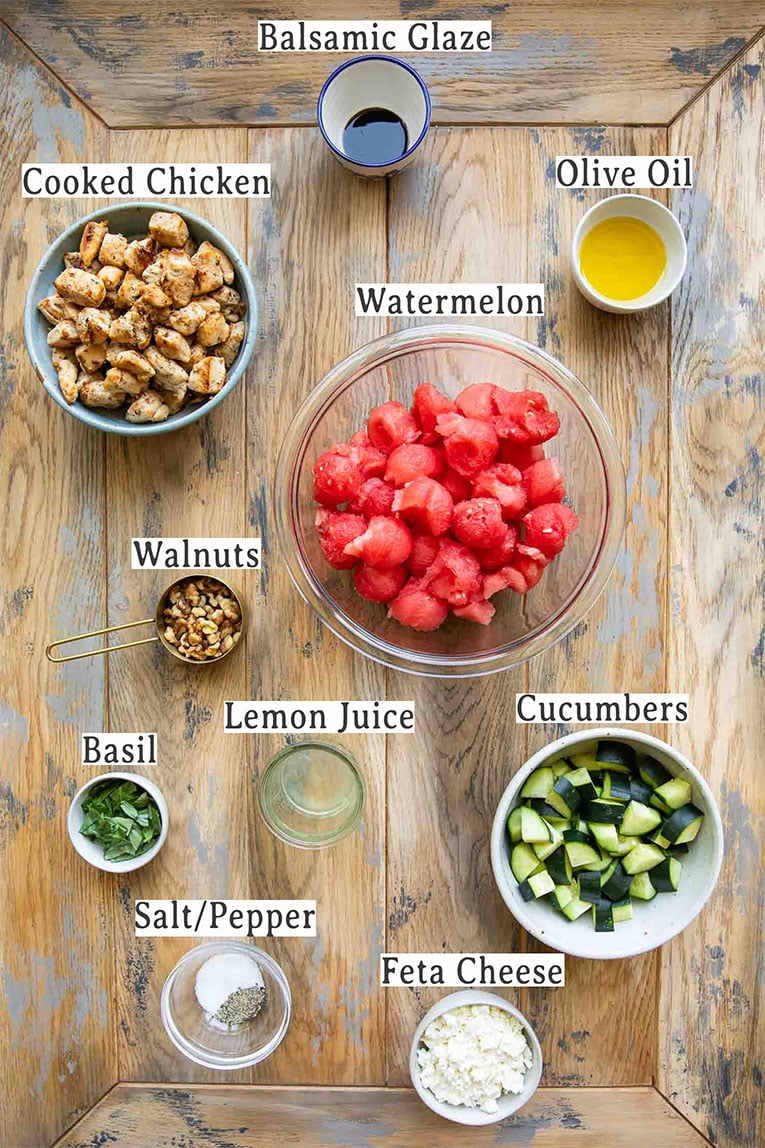 Ingredients in Watermelon Feta Chicken Salad recipe.