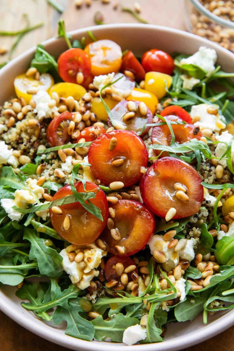Angled photo of Cherry Plum Goat Cheese Salad recipe.