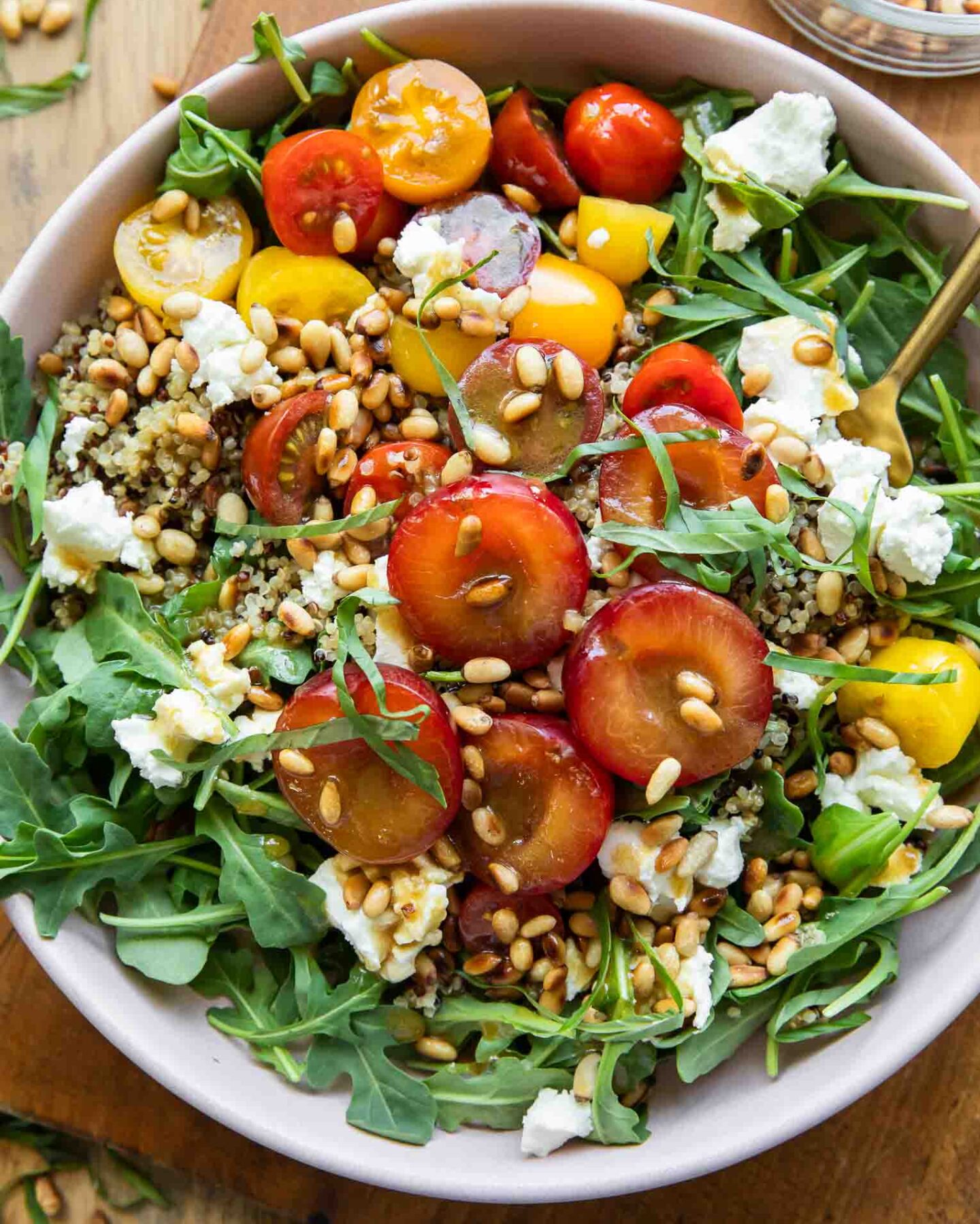 Cherry Plum Goat Cheese Salad top shot photo.