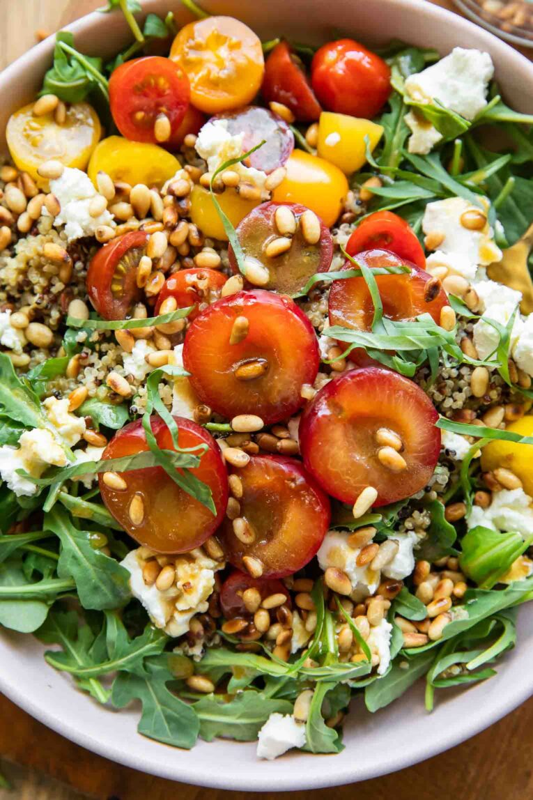 Close up of Cherry Plum Goat Cheese Salad.