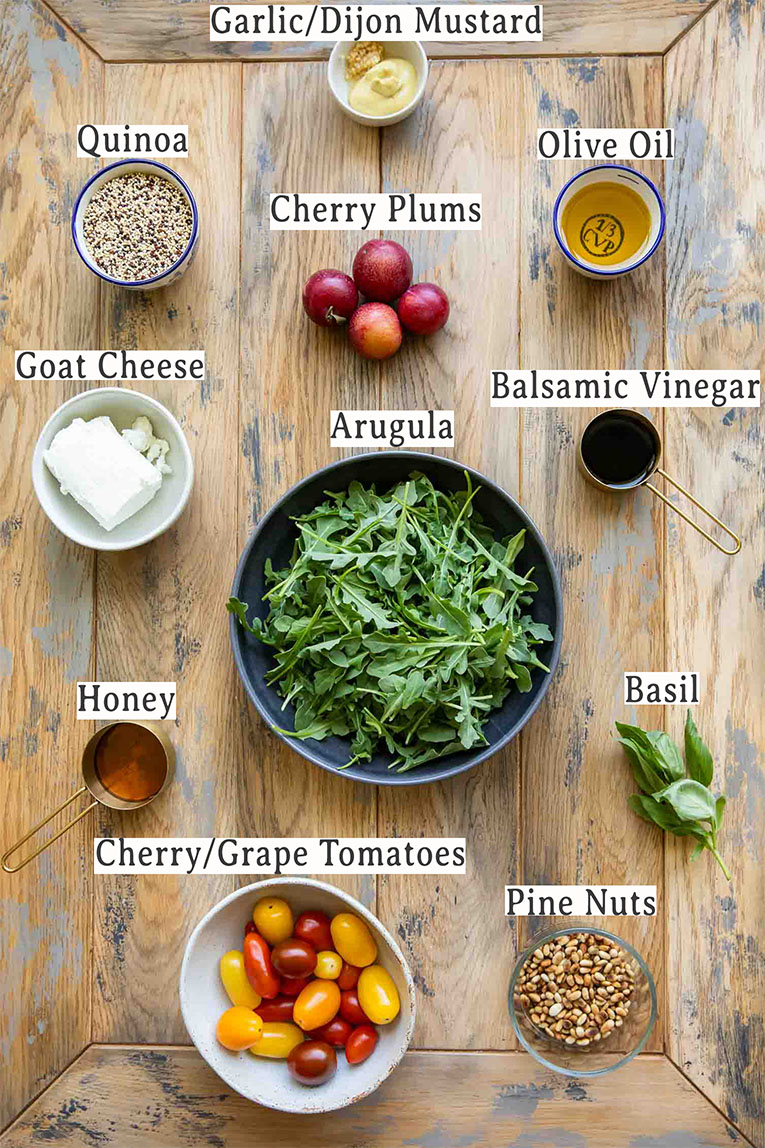 Ingredients in Cherry Plum Goat Cheese Salad recipe.