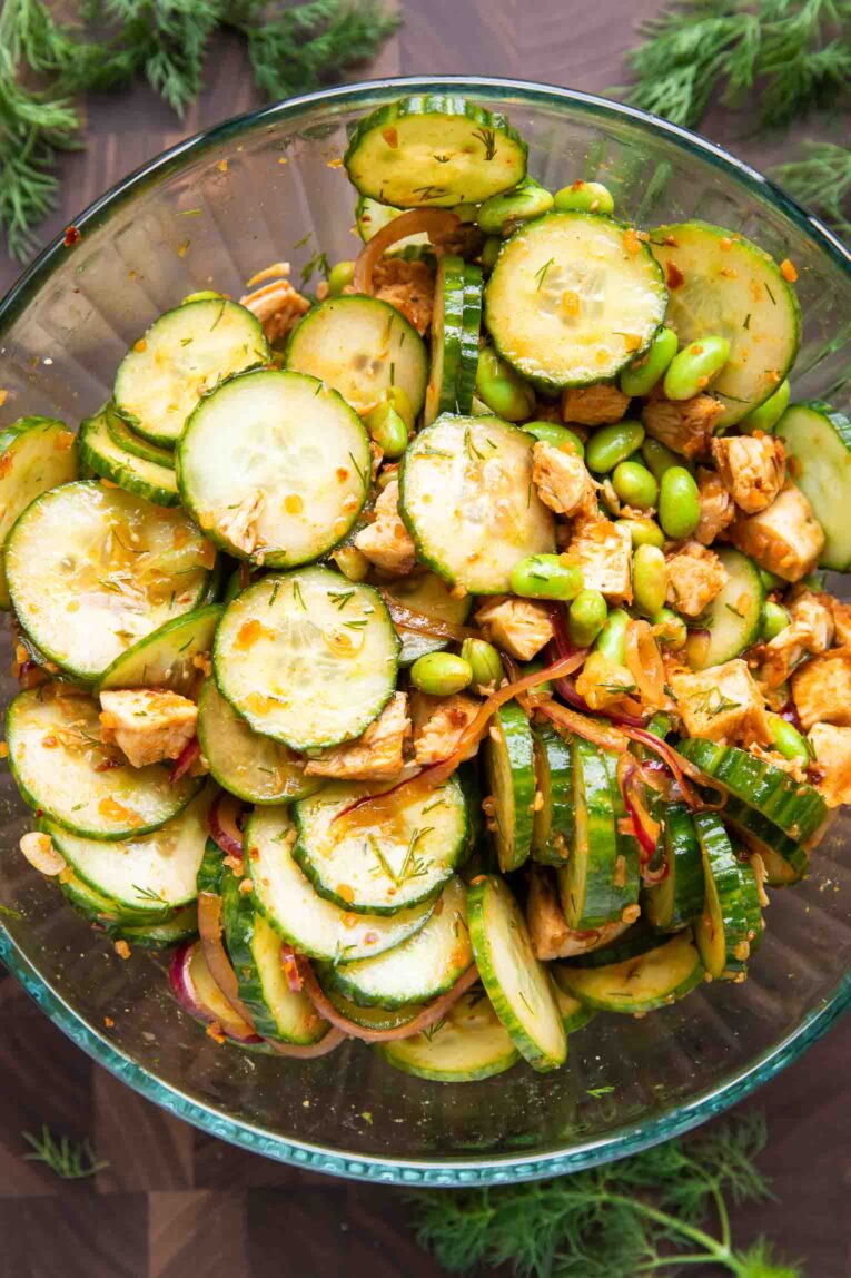 Chili Crisp Cucumber Salad in a large bowl.