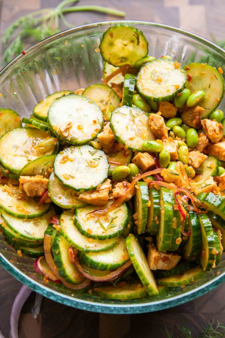 Angled photo of Chili Crisp Cucumber Salad.