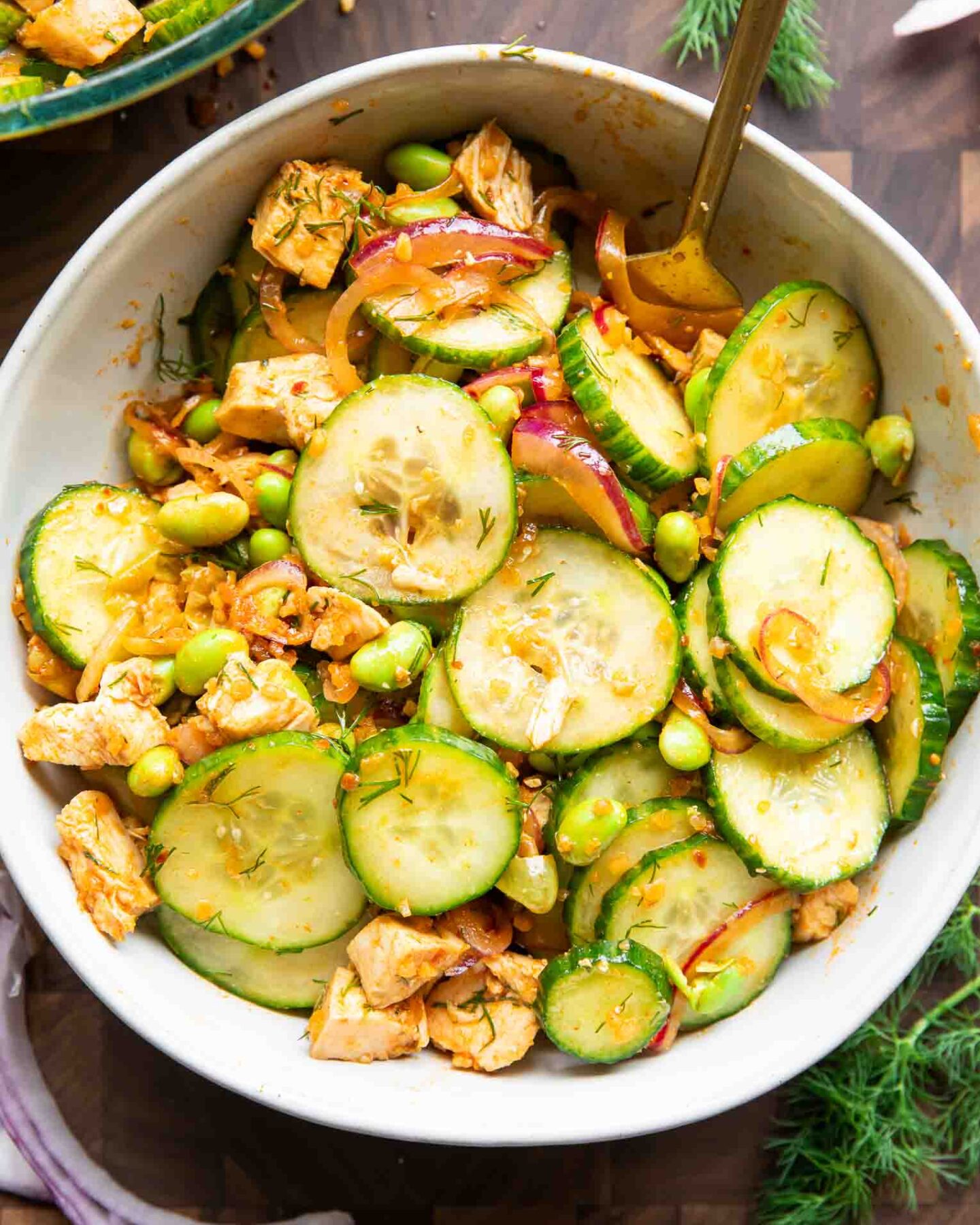 Chili Crisp Cucumber Salad recipe in a bowl.