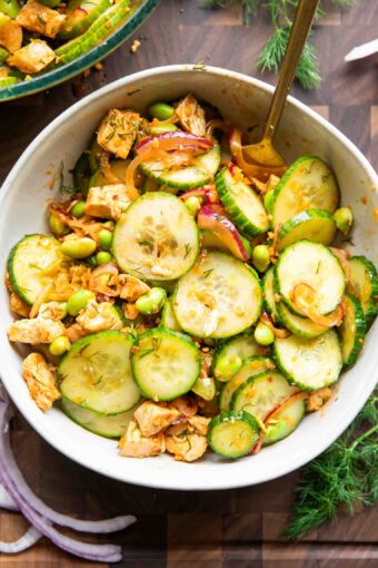 Chili Crisp Cucumber Salad recipe in a bowl.
