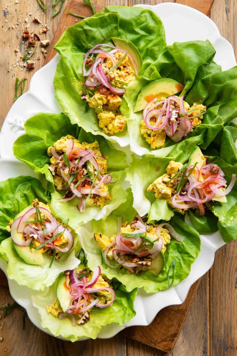Greek Yogurt Chicken Salad Lettuce Wraps on a plate.