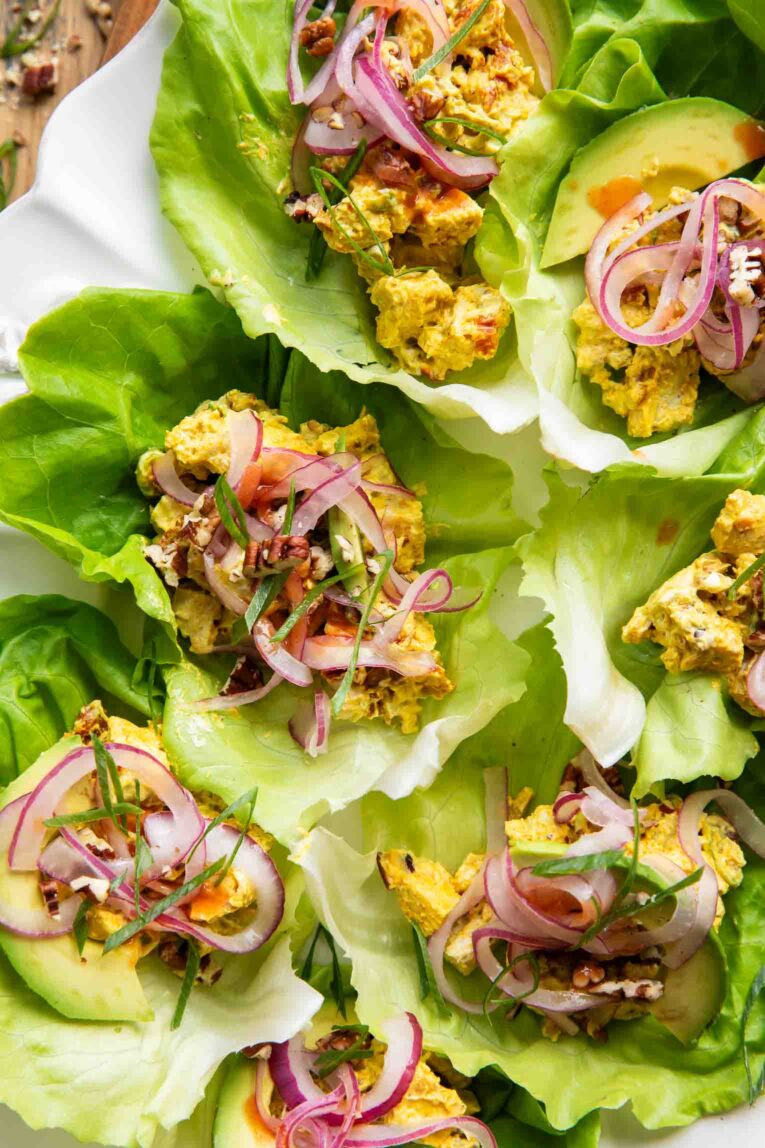 Close up of Yogurt Chicken Salad Lettuce Wraps.