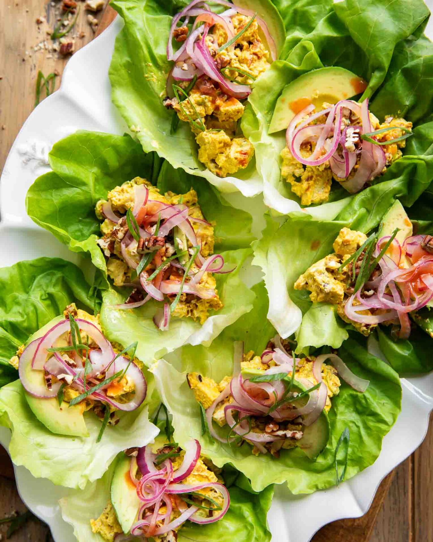 Close up of Greek Yogurt Chicken Salad Lettuce Wraps recipe.