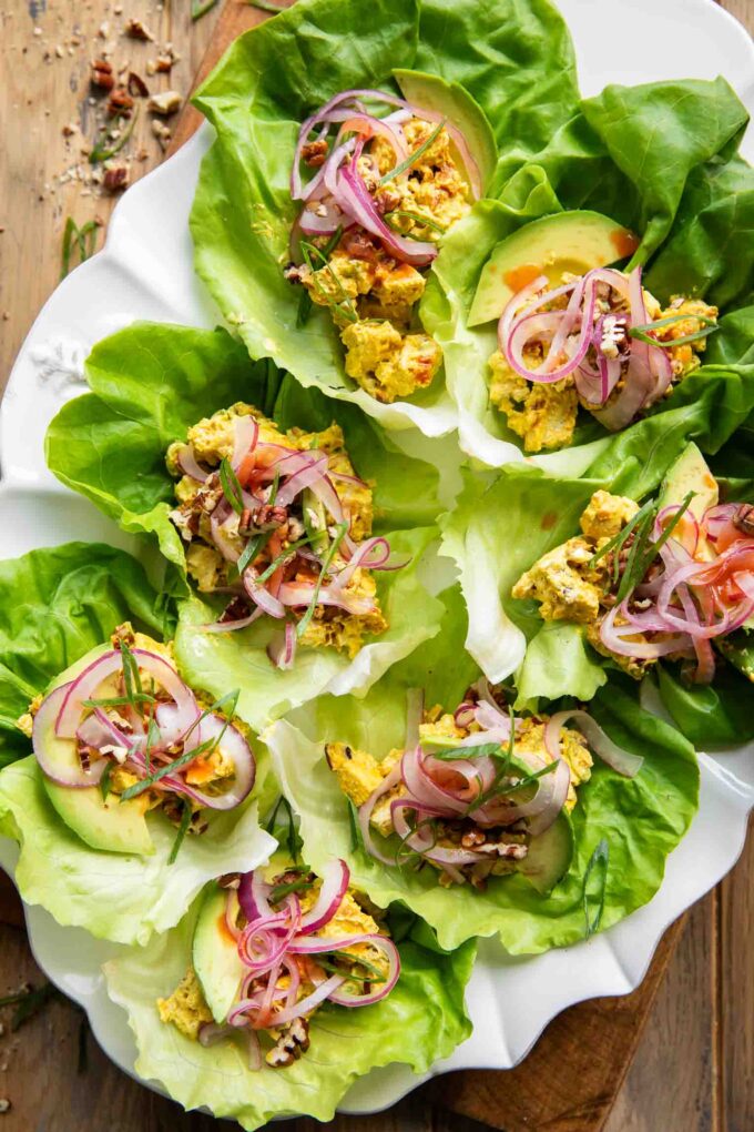Close up of Greek Yogurt Chicken Salad Lettuce Wraps recipe.