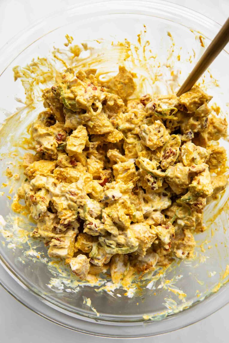 Turmeric yogurt chicken salad in a bowl.