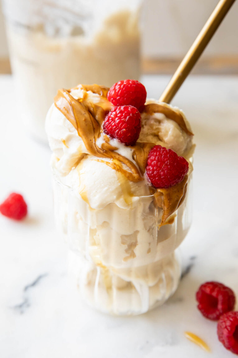 Angled photo of Ninja Creami Greek Yogurt Ice Cream.