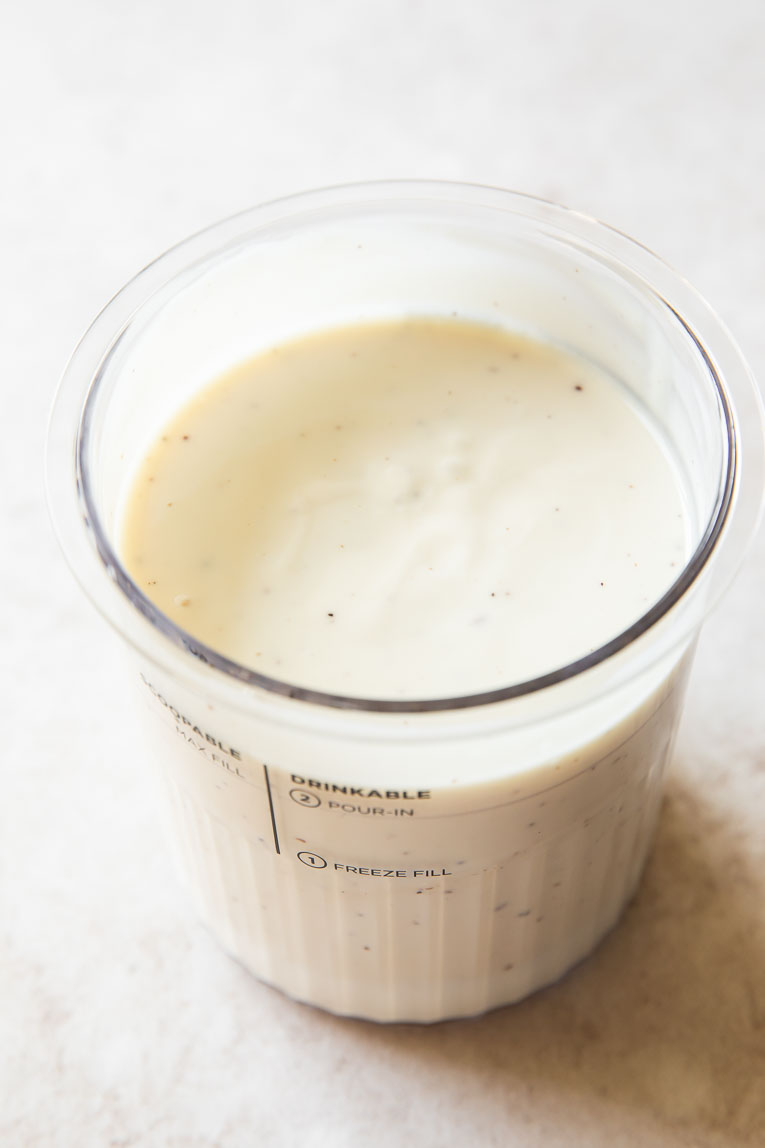 Angled photo of Greek Yogurt Ice Cream batter in a pint container.