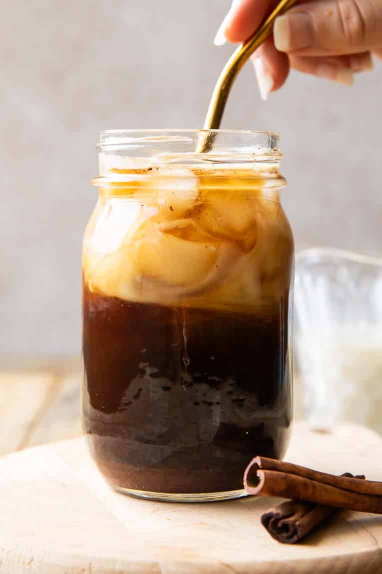 Iced Horchata Shaken Espresso being stirred.