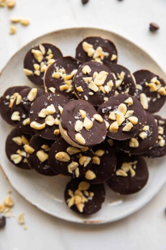 Close up of Snickers Protein Bites recipe on a plate.