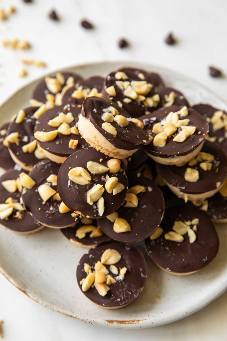 Angled photo of Snickers Protein Bites recipe.
